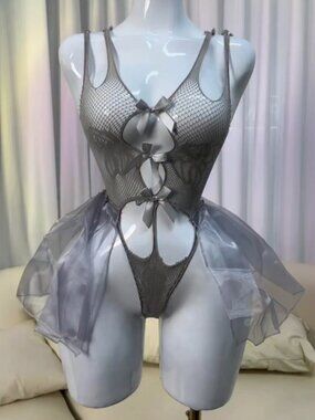 Lingerie Yiyi Whimsical Tulle and Mesh Grey Bodysuit Sexy